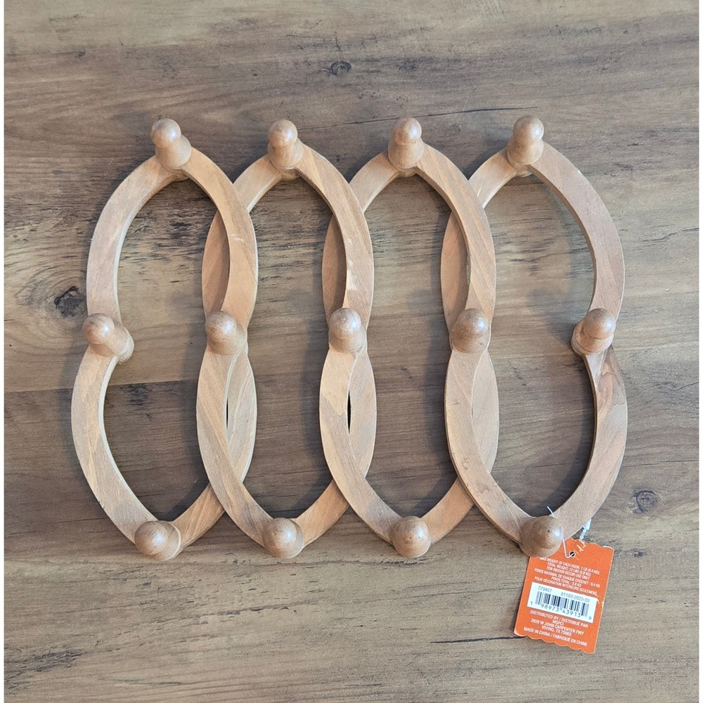 Natural Wood Accordion Wall Rack 13 Peg Expandable Oval Link Hanging Organizer